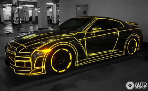 This incredible looking Nissan GT-R has been outlined with fluorescent tape outlining every crease, curve and ridge of Godzilla. Gtr Nissan, R35 Gtr, Car Wrap Design, Cool Sports Cars, Nissan Gt, Car Graphics, Nissan Gtr, Nissan Gt-r, Gt R