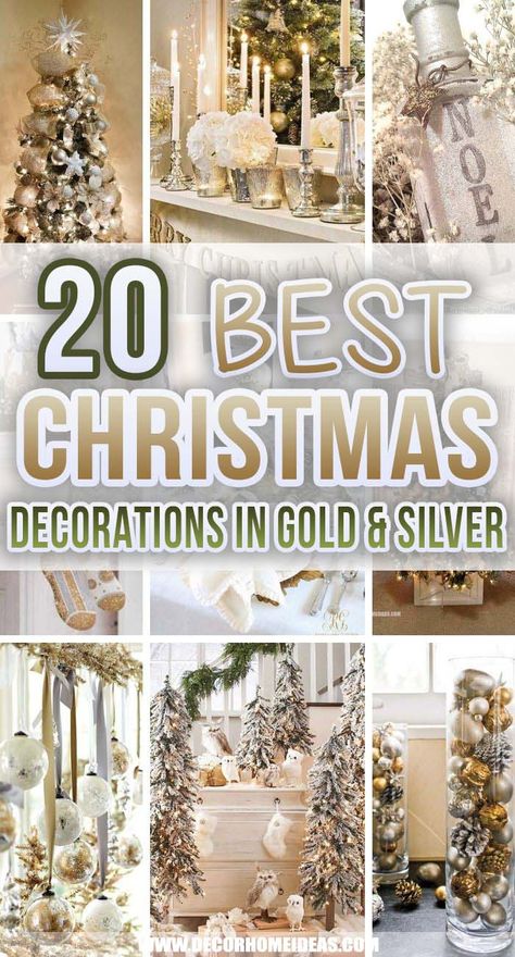 Gold Trees Christmas, Christmas Decor Gold And Silver, Silver And Gold Mantel Christmas Decor, Gold And Neutral Christmas Tree, Christmas Gold And White Decorations, Gold And Silver Flocked Christmas Tree, Gold Silver And White Christmas Tree Decor, Silver White Gold Christmas Decor, Natal