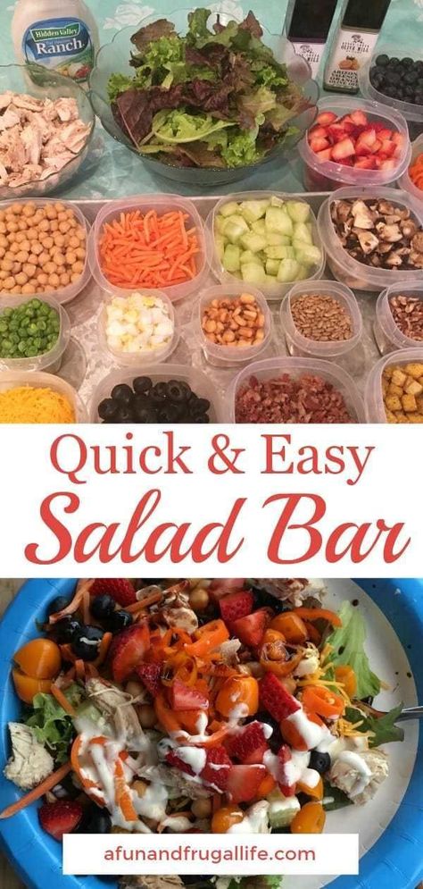 Essen, Salad Bar Toppings List, Salad Bar Set Up Ideas, Salad Bar For Party, Bridal Shower Salad Bar, Diy Salad Bar Ideas, Salad Bar Dinner, Salad Bar Toppings, Salad Charcuterie Board