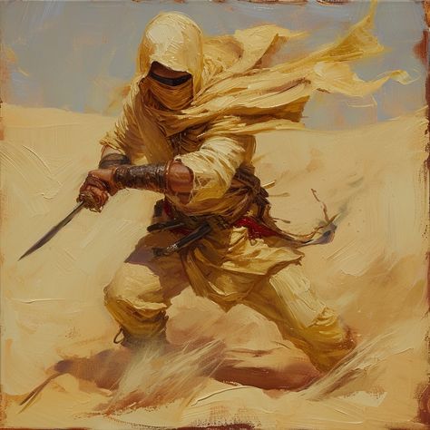 portrait of a sand warrior, wearing desert gear, holding a short katana in one hand, clothes blowing in the wind, sand dunes in the background, oil painting, thick strokes --v 6 Desert Sci Fi Character Design, Desert Bandit Fantasy Art, Desert Warrior Aesthetic, Desert Dnd Art, Sandalpunk Aesthetic, Desert People Art, Desert Warrior Art, Desert People Fantasy Art, Desert Nomad Character Design