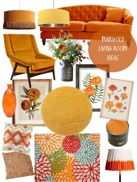 marvellous marigold living room ideas mood board homegirl london, products from affiliate partners Orange Yellow Cream Living Room, Mustard And Orange Living Room, Orange And Gold Living Room Decor, Orange And Yellow Living Room, Orange Yellow Living Room, Living Room With Yellow Accents, Orange Sofa Living Room Ideas, Orange Living Room Decor Ideas, Orange Accents Living Room