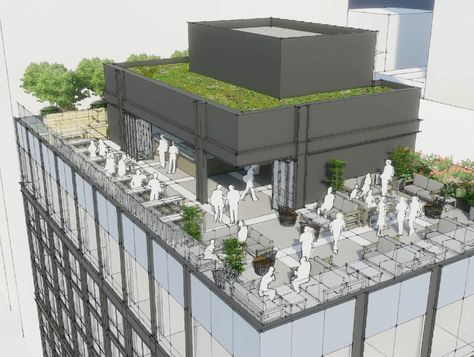 Roof Top Office Design, Building Rooftop Design, Rooftop Event Space, Rooftop Terrace Design Roof Deck, Roof Top Restaurant Design, Rooftop Plan, Roof Top Design, Community Space Design, Rooftop Bar Design