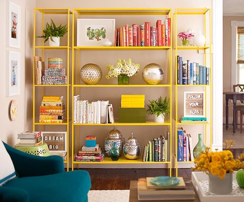 Looking for a Sunday project? Read these tips for organizing your living room. #BHGSummer Ikea Bookshelf Hack, Ikea Vittsjo, Ikea Bookshelves, Bookcase Styling, Ikea Shelves, Hemma Diy, Ideas Para Organizar, Diy Casa, Bookshelf Styling