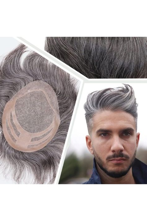 Mens Wigs Toupee for Men European Virgin Human Hair Weave Unit for Man Hair Toupee Mono Lace Top Skin PU Men Hair Replacement System Mens Hairpiece (1B Mixed 50% Grey White Hair) Man Wigs, White Hair Beauty, Hair Replacement For Men, Grey White Hair, Hair Replacement Systems, Hair Toupee, Mens Wigs, Hair Replacement, Men Hair