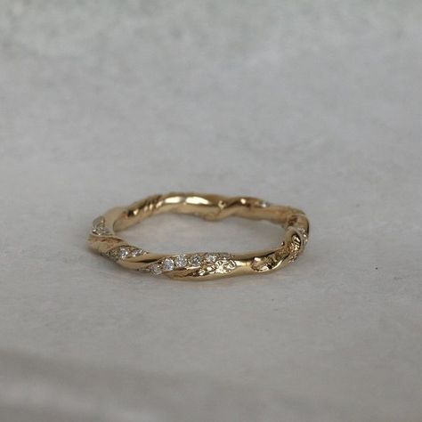 @aimosjewellery on Instagram: "Fine Molten Twist Ring - Solid 9ct gold, grain set with tiny white diamonds✨ Swipe to see a full 360! Inspired by the Fine Molten Twist Diamond Earrings. I’ve only made one of these rings in a size ‘N’. Not yet available online, DM for more details 💘💘💘 #handmadejewellery #londonjeweller #bespokejewellery #goldanddiamonds #madeinlondon #finejewellerydesigner #bespokefinejewellery #bridaljewellery" Simple Ring With Stone, Embedded Diamond Ring, Only Gold Ring, Pretty Rings Simple, Molten Ring, Ring Bands, Twisted Ring, Future Engagement Rings, Carved Ring