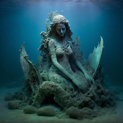 Siren Statue, Statue In Water, Statue Underwater, Krishna Dwarka, Underwater Statues, Atlantis Aesthetic, Mermaids Underwater, Sea Core, Mermaid Underwater