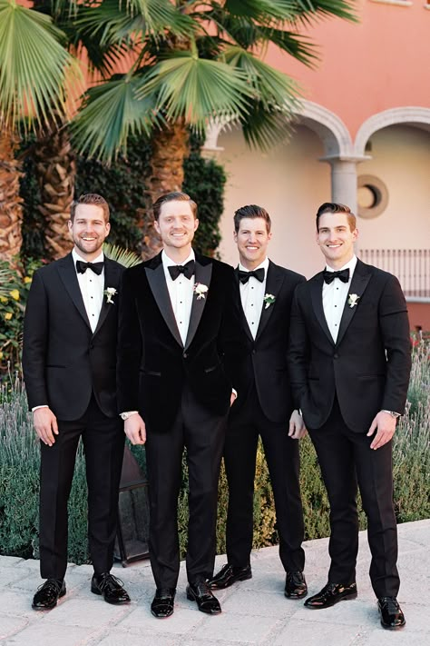 Velvet Tuxedo Wedding Grooms, Groom Suit Velvet, Groom In Black Suit, Mens Tuxedo Wedding Black Groom Suits, Mens Black Tuxedo Wedding, Black Tux Wedding Party, Velvet Groomsmen Attire, Black Tuxedo Wedding Groomsmen, Grooms Tux Ideas