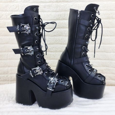 5" (127mm) Block Heel, 3" (75mm) Platform Corset Style Lace-Up Mid-Calf Boots Featuring Spiked Skull Buckle Strap & O-Ring & Horseshoe Details On The Tongue, Back Zip Closure Demonia Us Woman"S Sizes Brand New In Stock Ready To Ship Gothic Boots Women, Shoes Demonia, Chic Black Outfits, Demonia Boots, Black And White Heels, Goth Shoes, Goth Boots, Demonia Shoes, Dr Shoes