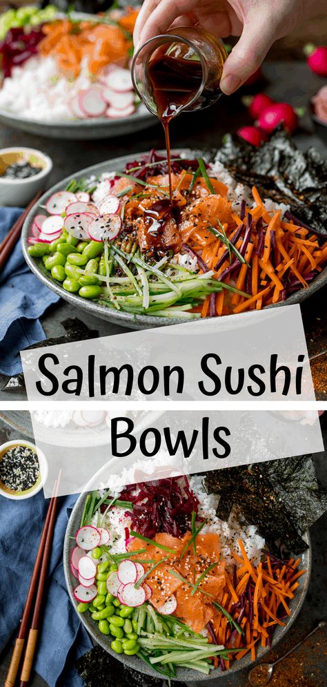 An easy to prepare Salmon Sushi Bowl - all of the flavours of Sushi, in minimal time. Plus a 2-minute soy and ginger dressing that tastes way better than those little soy sauce plastic fish thingies! #sushibowl #sushisalad #deconstructedsushi #sushiricebowl #sushidressing #smokedsalmon #salmonsushi Salmon Sushi Bowl, Smoked Salmon Sushi, Sushi Bowl Recipe, Sushi Bowls, Sushi Salad, Plastic Fish, Healty Dinner, Sushi Bowl, Salmon Sushi