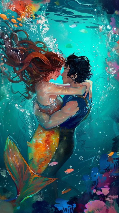 In the depth of the sapphire ocean, a mermaid and a merman's eyes met beautifully in a Twin Flame painting. It captured their quiet, underwater romance, charged with intensity and unspoken promises. Tails gracefully entwined, they moved in harmony, their connection palpable. Each brushstroke revealed passion, secrets, and a love story birthing amidst the marine spectacle. Mermaid Love Art, Twin Flame Painting, Satya Yuga, Flame Painting, Twin Flame Journey, Energy Consciousness, Divine Masculine, Twin Flame Relationship, Real Mermaids