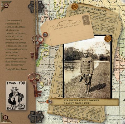 History Scrapbook, History Scrapbook Ideas, History Scrapbook Projects, Scrapbook History Project, Scrapbook Ideas Vintage Photo Layouts, Historical Scrapbook Ideas, Army Scrapbook Ideas, Scrapbooking Vintage Photos, Ancestry Scrapbooking Layouts