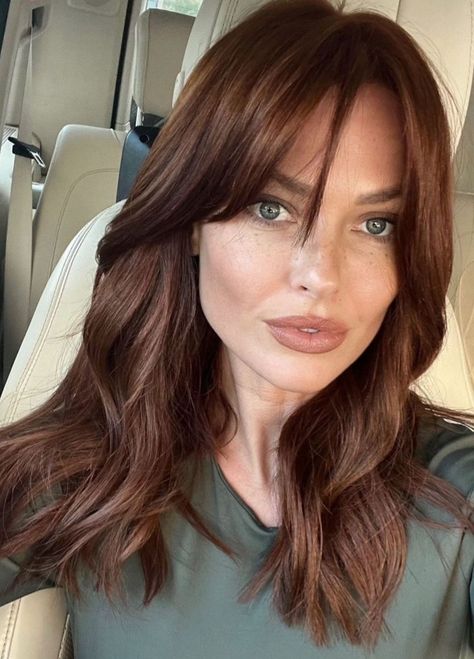 Medium Brown Reddish Hair, Chocolate Shag Hair, Auburn Hair With Wispy Bangs, Fair Skin Auburn Hair, Brown Hair With Auburn Tint, Chestnut Copper Brown Hair, Auburn Hair On Latinas, Whiskey Hair Color, Brunette Red Hair Warm Browns