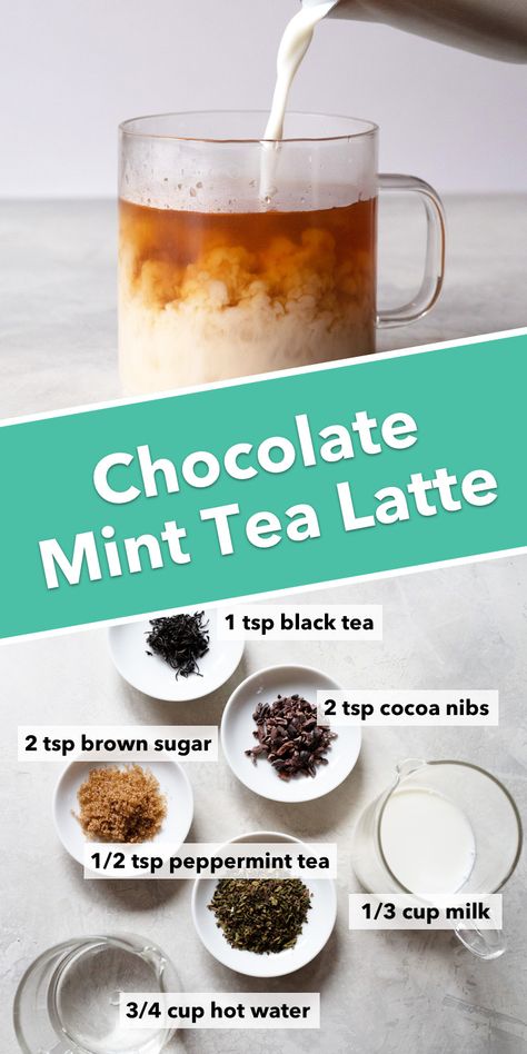 Chocolate and mint come together in this delightful tea latte made with cacao nibs, brown sugar, and black tea. Winter Tea Recipe, Chocolate Mint Tea, Homemade Tea Recipes, Hot Tea Recipes, Te Chai, Water For Health, Tea Latte Recipe, Milk Tea Recipes, Tea Drink Recipes