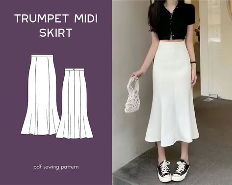 Trumpet Skirt Pattern Skirt Sewing Pattern Midi Skirt - Etsy Sewing Patterns Skirt Long, Fit And Flare Skirt Pattern, Long Skirts Patterns, Mermaid Skirt Sewing Pattern, Free Midi Skirt Pattern, Bell Skirt Pattern, Womens Dress Patterns Sewing, Sew A Skirt For Beginners, Skirts Design Ideas