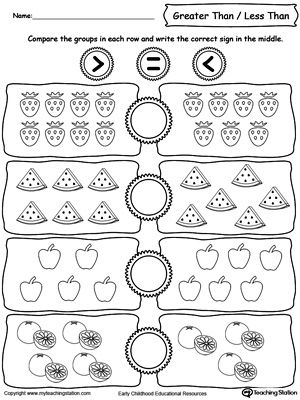 Learning the Less than, greater than and equal signs by counting and comparing the number of fruits in each group. Number Worksheets Kindergarten, Comparing Numbers, 1st Grade Math Worksheets, Numbers Kindergarten, Printable Preschool Worksheets, Math Printables, 1st Grade Worksheets, Kindergarten Math Worksheets, Math Activities Preschool