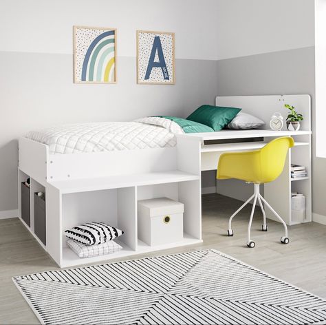 White Unisex Cabin Bed Mid Sleeper with Storage and Desk Kids Bed Desk, Bed With Storage And Desk, Desk Under Bed, Cabin Bed With Desk, Cabin Bed With Storage, Desk And Storage, White Cabin, Rainbow Bedroom, Mid Sleeper Bed