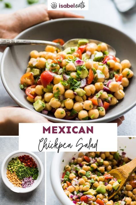 This Mexican Chickpea Salad recipe is fresh, easy to make and packed with healthy ingredients. Ready in only 15 minutes! (gluten free, vegetarian, vegan) Vegan Salad With Chickpeas, Mexican Chickpea Salad, Mexican Chickpea Recipes, Chickpea Ceviche, Mexican Chickpeas, Vegan Mexican Salad, Healthy Mexican Sides, Fruit Sides, Gluten Free Mexican Recipes