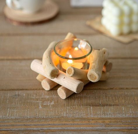 Have a mini bonfire in your home with this Mini Wood Logs with Glass Candle Holder. Goblincore room ideas. Goblincore inspiration. Goblincore room decor. Goblincore decor ideas. #toa #toashop #candleholder #goblincoreaesthetic Candlestick Christmas, Cheap Candle Holders, Wooden Candle Stand, Driftwood Candle Holders, Driftwood Candle, Tea Candle Holders, Small Candle Holders, Wooden Candle Sticks, Wooden Candle