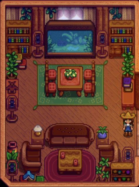 Frontier Farm Stardew Valley, Stardew Guest House, Stardew Grandpas Farm Layout, Stardew Valley Events, Stardew Valley Furnace Room, Stardew Valley Farmhouse Color, Grange Display Stardew Valley, Stardew Valley Plant Room, Stardew Kitchen Ideas