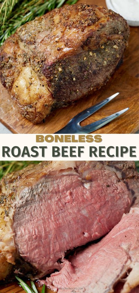 Simple to prep and perfect for the holidays, this boneless roast beef recipe is a perfect centerpiece for your Christmas dinner. Seasoned with garlic and herbs, this roast beef is easy to cook exactly how you like it, and it comes out wonderfully juicy and flavorful. Rolled Roast Beef Recipes, Sunday Roast Beef Dinner, Boneless Sirloin Roast, Roast Beef Joints, Boneless Roast Beef Recipes, Boneless English Roast Recipes, Boneless Sirloin Tip Roast Recipes, Boneless Shoulder Roast Recipes, Boneless Blade Roast