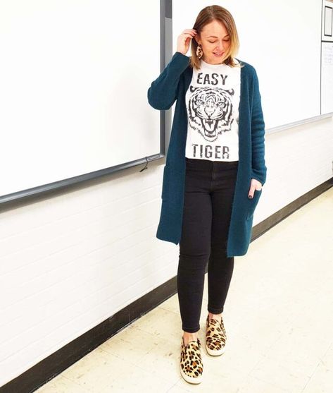 Fun, Non-Embarrassing Ice Breakers for High School & Middle School Students - EVERYDAY TEACHER STYLE Teal Cardigan Outfit Fall, Jeans Outfit Teacher, Teal Shoes Outfit, Teal Cardigan Outfit, Jeans And Leopard Shoes, Fall Outfits For School Teacher, Leopard Shoes Outfit, Casual Teacher Outfit, Project 333