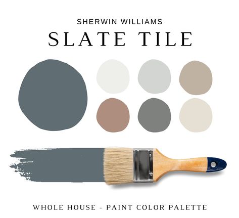 The PDF contains EVERYTHING you need to KNOW about Sherwin Williams SLATE TILE! It includes a list of complementary Sherwin Williams Paint Colors that can be used to pair with SW SLATE TILE. This is a PREPACKAGED Color Palette Selection Listing that includes the Sherwin Williams SLATE TILE color recommendations for walls, ceilings, trims, moldings, doors, and window frames - for your WHOLE HOUSE.  This is a *digital download* PDF that contains 37 pages total of information to assist you with quick and easy color selections in your home. It also includes the material color palette (satin brass, matte black, polished chrome, wood stains, or copper that resonates with the color palette) and fabric color palette (color and material of the fabric on the furniture). There is also a list of speci Slate Tile Sherwin Williams Accent Wall, Colors That Go With Slate Tile, Sherwin Williams Slate Tile Color Palette, Slate Tile Paint Sherwin Williams, Slate Tile Color Palette, Slate Blue Walls Bedroom, Slate Tile Bedroom, Slate Living Room Ideas, Slate Blue Palette