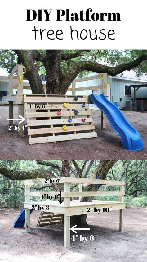 Diy Wood Playhouse Easy, Sandbox Around Tree, Diy Outside Playground, Diy Tree Forts For Kids, Outdoor Play Ground Ideas, Diy Play Structure For Kids, Diy Platform Treehouse, Simple Play House Outdoor, Diy Backyard Jungle Gym