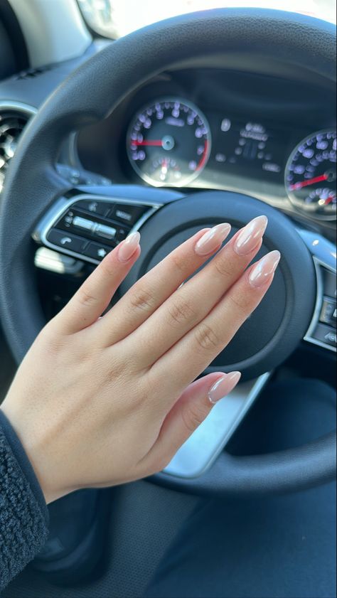 Glazed Oval Nails, Almond Glossy Nails, Nails Almond Glazed, Natural Chrome Almond Nails, Bridal Glazed Donut Nails, Creme Nails Acrylic Almond, Almond Nail Inspo Chrome, Maid Of Honor Nails Almond, Glazed Donut Nails Natural