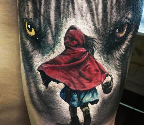 Little Red Riding Hood tattoo by Jackson Tattoo | Post 17175 Red Riding Hood Tattoo, Red Riding Hood And Wolf Tattoo, Wolf Red Riding Hood, Red Riding Hood Art Dark, Little Red Riding Hood And Big Bad Wolf, Red Ridding Hood, Saved Tattoo, World Tattoo, Wolf Tattoos