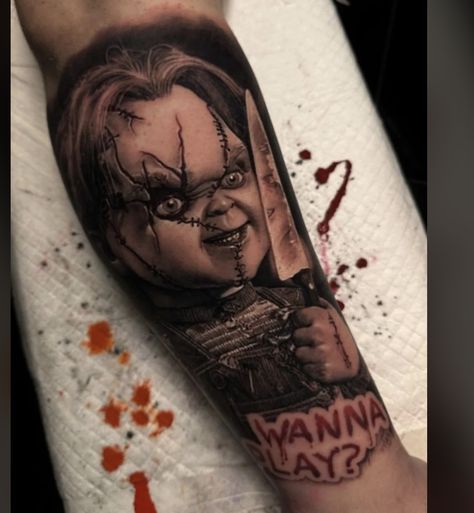 Chucky Tattoos, Chucky Tattoo, Horror Movie Tattoos, Couple Tattoos Unique, Hand Tattoos For Girls, Movie Tattoos, White Ink Tattoo, Marvel Tattoos, Scary Tattoos