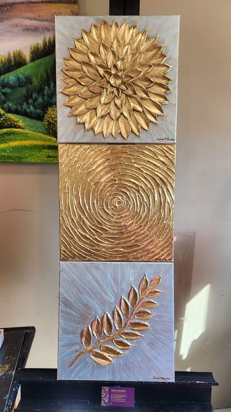 Bottel Craft, Painting Gold Leaf, Free Wall Art, Diy Abstract Canvas Art, Abstract Art Diy, Painting Gold, Gold Leaf Art, Textured Canvas Art, Palette Knife Painting