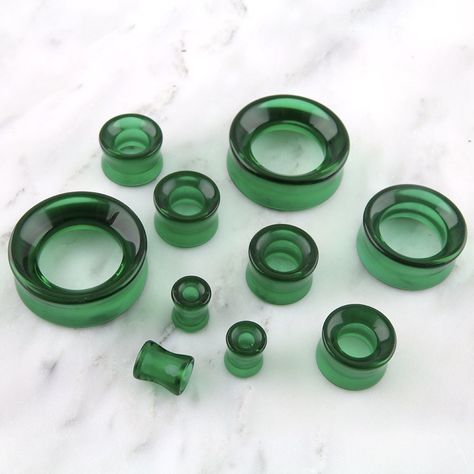 "Pair of Green Glass Tunnel Plugs - Sizes / Gauges 0G - 1 & 1/4\" Inch - NEW! (ordering a quantity of 1 gets you a pair (2pc)) Select size from the drop-down menu Smooth & polished Concave sides 12mm wearable surface Double Flares Sold in Pairs (2 pieces) Pick from 0G, 00G, 1/2\"(12mm), 9/16\", 5/8\", 3/4, 7/8\", 1 inch, 1 & 1/8\", 1 & 1/4\"" Gauges Aesthetic, Cute Gauges, 12mm Gauges, Glass Gauges, Earring Gauges, Glass Tunnel, Glass Ear Plugs, 0g Plugs, Gauge Jewelry