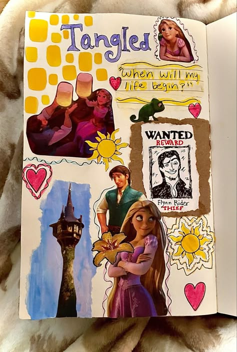 Disney Diary Journal Ideas, Journal Cover Inspo Aesthetic, Tangled Journal, Bulletin Journal, Journal Inspiration Writing, Scrapbook Inspo, Bulletin Journal Ideas, Pretty Journals, Diy Journal Books