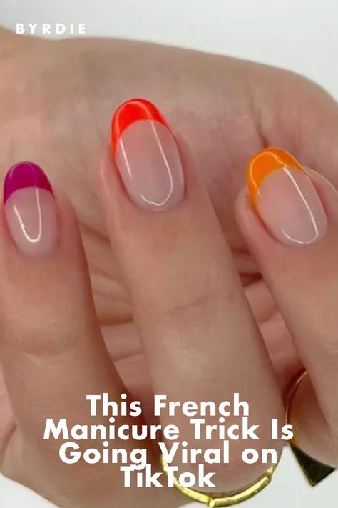 Colour Tips Nails French, Nail Tip Colours, Painted French Tip Acrylic Nails, Diy French Tips Short Nails, Diy Colored French Tip Nails, Diy French Manicure Gel Nails At Home, Nails With Colourful Tips, How To Paint French Tips Nails At Home, Coloured Nail Tips French