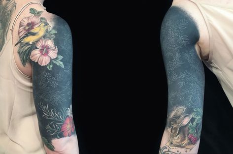 Healed white ink on black tattoo White Ink Tattoo On Black Ink, White On Black Tattoo Healed, White Ink Tattoos Healed, White On Black Tattoo, White Over Black Tattoo, Blackout Sleeve, Tattoo Hd, Esther Garcia, Phönix Tattoo