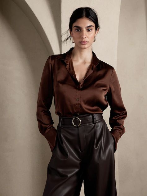 New Women's Clothes | Banana Republic Factory Satin Pants Outfit, Satin Shirt Outfit, Silk Shirt Outfit, Satin Blouse Outfit, Outfit Ideas November, Shirt Outfit Ideas, Stylish Blouse Design, Brown Satin, Shirts Women Fashion