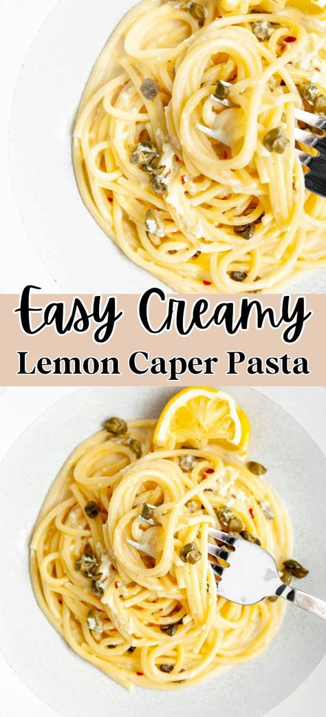 This creamy parmesan lemon caper pasta only needs 5 ingredients to make the sauce, and 15 minutes to make! Packed with tangy, crispy capers, zesty garlic, and the heat of red pepper flakes, this sauce is packed with flavor with such few ingredients that you probably already have on hand in your pantry. This easy lemon caper pasta makes for a quick and easy lunch, and is the perfect meal for one! Lemon And Caper Pasta, Spaghetti With Capers, Pasta And Capers, Pasta With Lemon Caper Sauce, Pasta Dishes With Capers, Easy Lemon Caper Sauce, Lemon Caper Scallops Pasta, Lemon Caper Cream Sauce For Fish, Capers Pasta Recipe