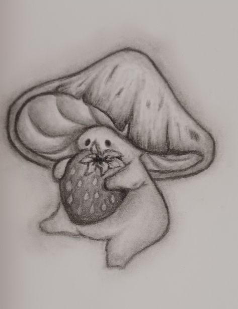 Strawberry Mushroom Drawing, Mushroom Art Sketch, Mushroom Pencil Sketch, Mushroom Face Drawing, Strawberry Mushroom Tattoo, Easy Tattoo Drawings Sketches Simple, Mushroom Pencil Drawings, Mushroom Guy Drawing, Mushroom Guy Tattoo