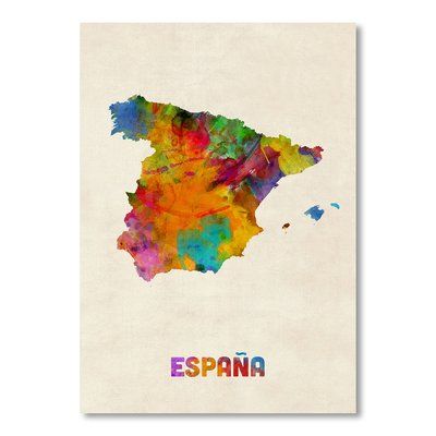 Americanflat Espana Map Wall Mural Size: 24" H x 18" W Spain Watercolor, Cambodia Map, Map Wall Mural, Map Canvas Art, Art Carte, Watercolor Map, Templates Instagram, Map Canvas, Map Art Print