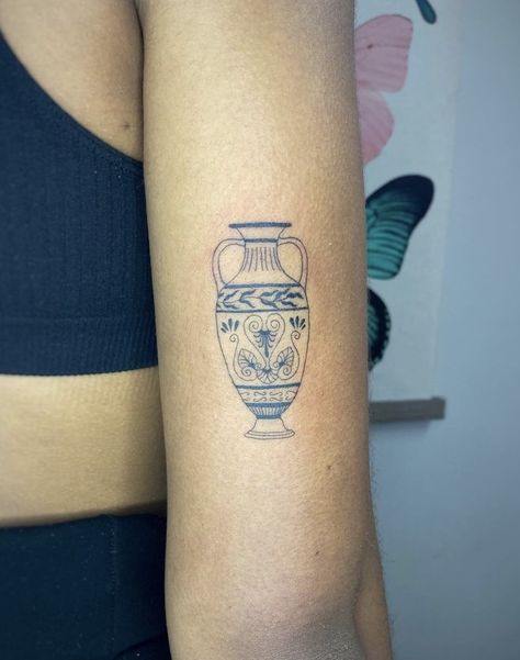 Greek Vase Tattoo Simple, Porcelain Vase Tattoo, Italian Vase Tattoo, Vase Tattoo Fine Line, Ancient Vase Tattoo, Ancient Greek Vase Tattoo, Vase Tatoos, Grecian Vase Tattoo, Greek Amphora Tattoo