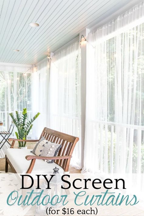 *Variation for Windows***DIY Outdoor Curtains and Screened Porch for Under $100 - Bless'er House Outdoor Mosquito Curtains Patio, Mosquito Nets For Patio, Pergola Mosquito Netting, Ikea Net Curtains, Covered Porch Curtains, Diy Mosquito Netting For Patio, Mosquito Curtains For Porch, Mosquito Netting Patio Diy, Small Screened In Porch Decorating Ideas