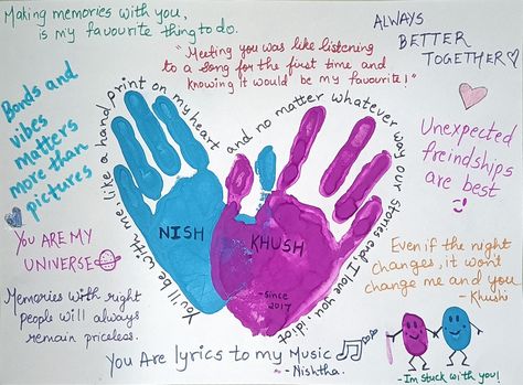 Poster On Friendship, Handprint Art Friends, Drawing Ideas To Do With Friends, Best Friend Handprint Painting, Painting Ideas To Do With Your Best Friend, Bff Poster Ideas, Bsf Hand Painting, Fingerprint Ideas For Friends, Best Friend Dairy Ideas Aesthetic