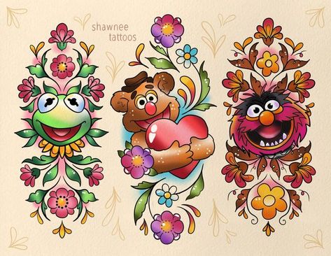 Animal From The Muppets Tattoo, Snuffleupagus Tattoo, Miss Piggy Tattoo Ideas, Gonzo Tattoo The Muppets, Animal Muppets Tattoo, Miss Piggy Tattoo, Muppet Tattoo, Muppets Tattoo, Silly Tattoos