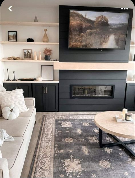 Wall Units Living Room Built Ins With Fireplace, Tri Level Interior Design, Basement Gas Fireplace Ideas, Faux Fireplace Built Ins, Tv Above Gas Fireplace, Black Built Ins Fireplace, Gas Fireplace With Built Ins, Built In With Tv, 2024 Fireplace Trends