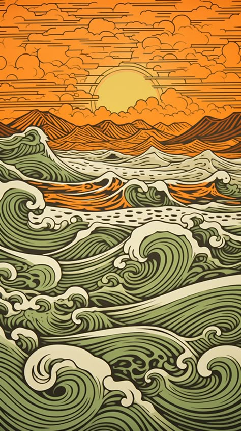 Japanese Water Wallpaper, Linocut Wallpaper, Sun Illustration Art, Sea Waves Wallpaper, Waves Illustration, Ocean Wave Art, Backgrounds Illustration, Wave Drawing, Screen Printing Art