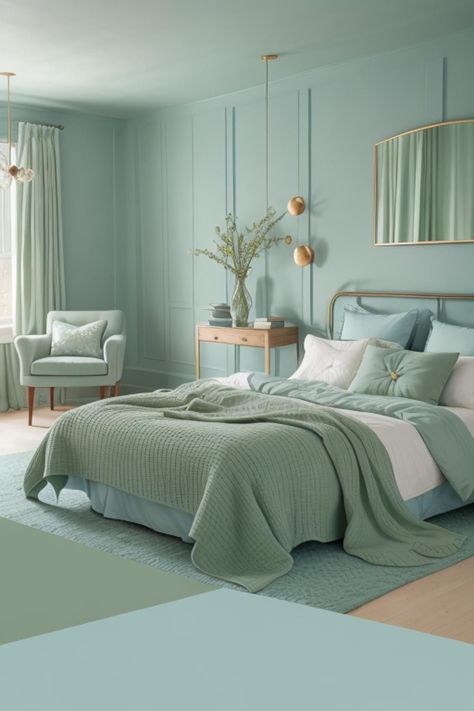 Cozy bedroom Mint Green And Gold Bedroom, Greenish Blue Bedroom, Light Teal Room, Teal And Green Bedroom, Aquamarine Room, Light Teal Bedroom Ideas, Mint Green Bedroom Ideas, Blue And Green Bedroom Ideas, Dream Bedroom Ideas