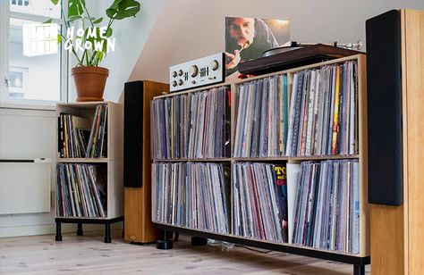 Vinyl Record Storage Ikea, Ikea Vinyl Storage, Ikea Record Storage, Tannoy Speakers, Record Player Setup, Music Setup, Vinyl Record Room, Turntable Furniture, Record Player Console