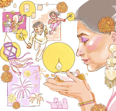 #greetingcard #teenart #wallpaper #diwali A painterly and warm, holiday-themed artwork for Diwali. Diwali Theme Drawing, Diwali Journal Ideas, Diwali Celebration Drawing, School Magazine Ideas, Inflated Wallpaper, School Magazine, Happy Diwali Wishes Images, Diwali Drawing, Moon And Stars Wallpaper