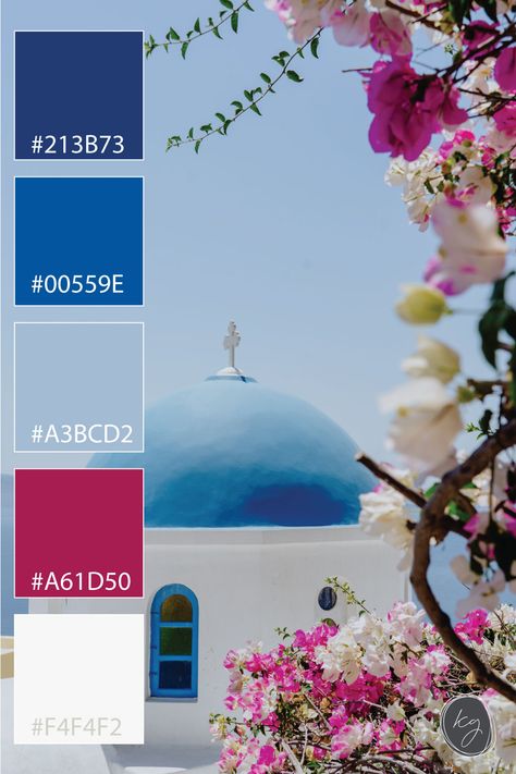 “It takes a lifetime for someone to discover Greece, but it only takes an instant to fall in love with her.” – Henry Miller  Branding color inspiration from the Greek Islands. The fuchsia bougainvillea is the exclamation point on the blue and white island backdrop.  #branding #colorpalettes #graphicdesign #colorinspiration #colorscheme #color #graphicdesigner #squarespacedesigner Greek Color Scheme, Mamma Mia Color Pallet, Mamma Mia Colour Palette, Greek Blue Paint Colors, Mama Mia Color Palette, Greek Colour Palette, Greek Wedding Color Palette, Greek Blue Wedding, Bougainvillea Color Palette