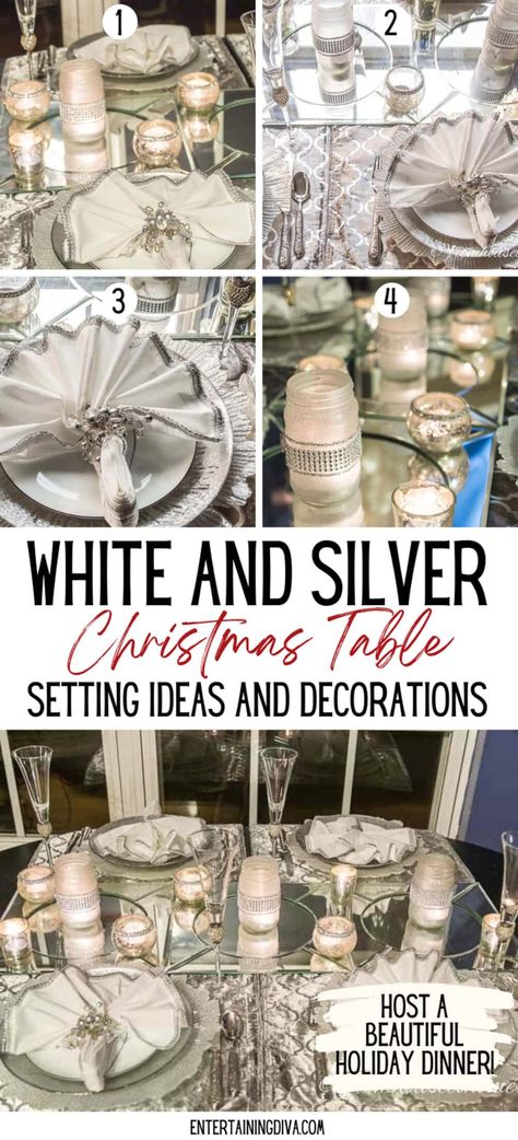 Silver Bells Christmas Table Decorating Ideas, White And Silver Christmas Tablescapes, White And Silver Table Settings, Snowflake Table Settings, Silver And White Christmas Table Decor, White Silver Christmas Table, Silver Christmas Table Settings, Silver And White Christmas Decor, White Christmas Tablescapes